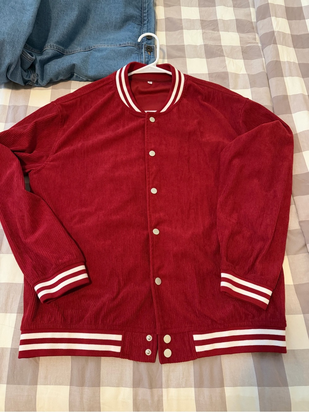 Amazon Men's Red Corduroy Bomber Jacket with White Stripe Trim
